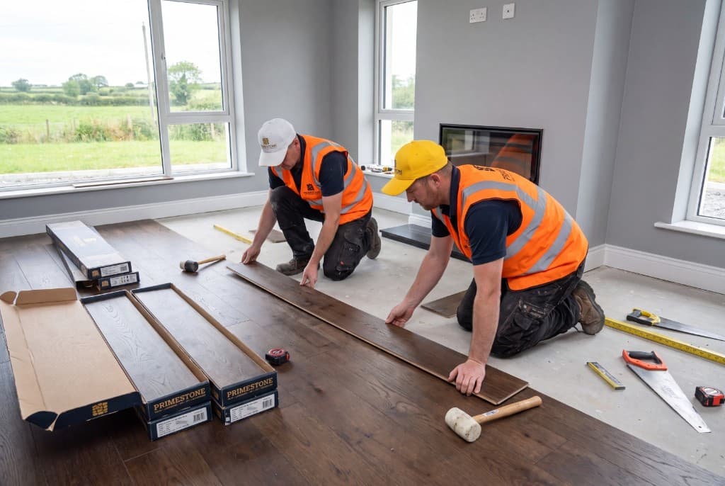 Primestone installers fitting dark wood-look flooring planks in a modern living room
