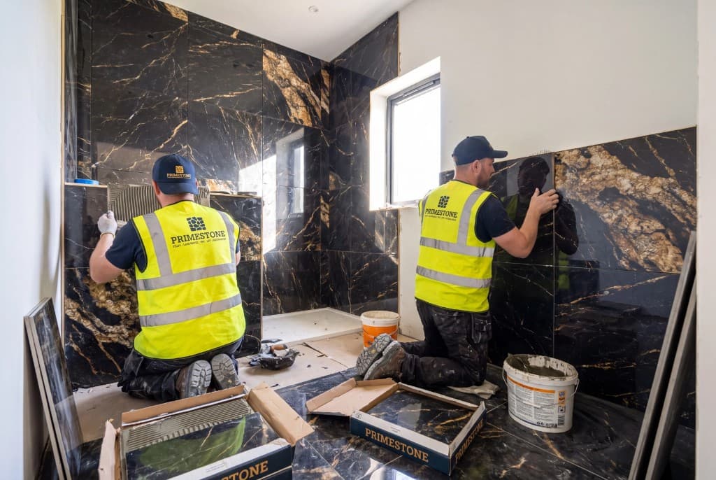 Primestone installers fixing large black and gold marble-effect tiles in a bathroom