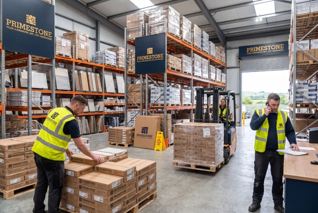 Primestone warehouse team packing boxes and operating a forklift among stocked racking